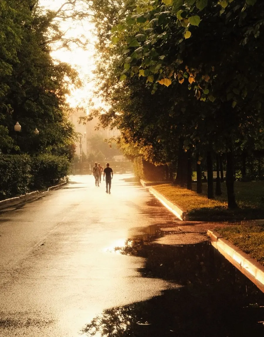 Two people walking away down a tree-lined avenue in low evening sun